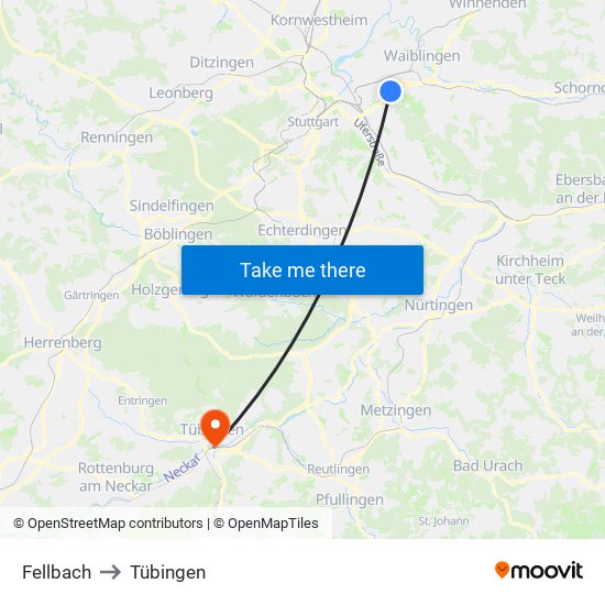 Fellbach to Tübingen map