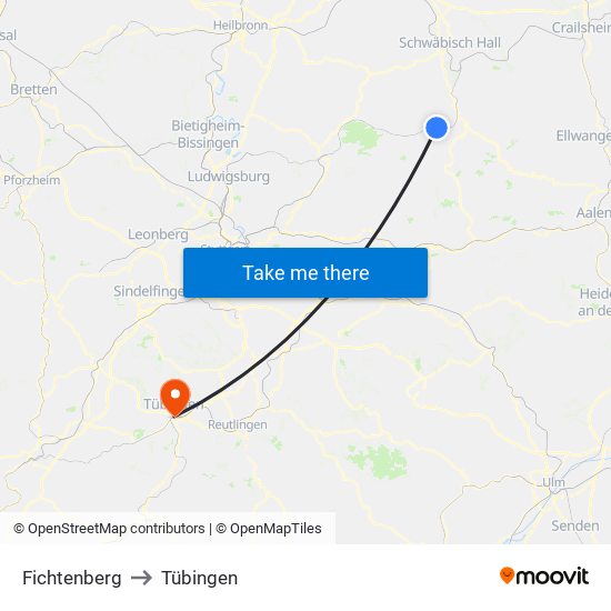 Fichtenberg to Tübingen map