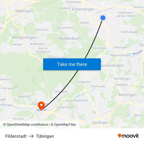 Filderstadt to Tübingen map