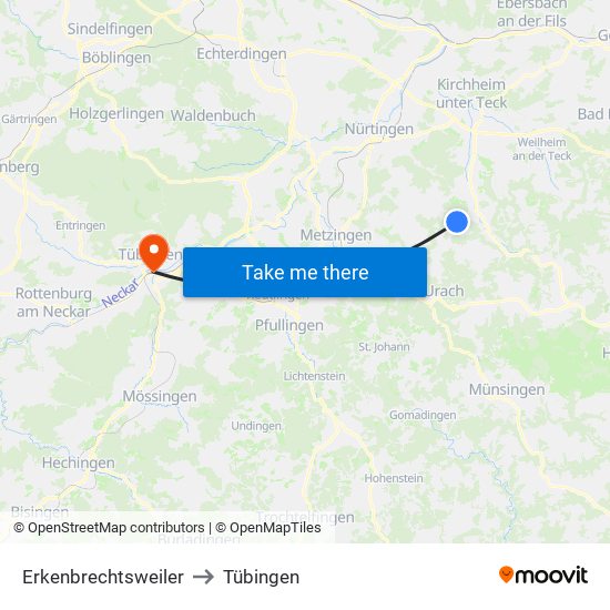 Erkenbrechtsweiler to Tübingen map