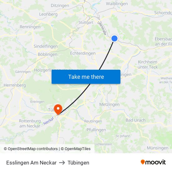 Esslingen Am Neckar to Tübingen map