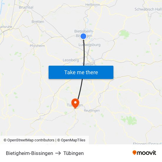 Bietigheim-Bissingen to Tübingen map