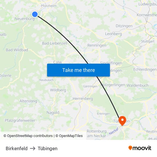 Birkenfeld to Tübingen map