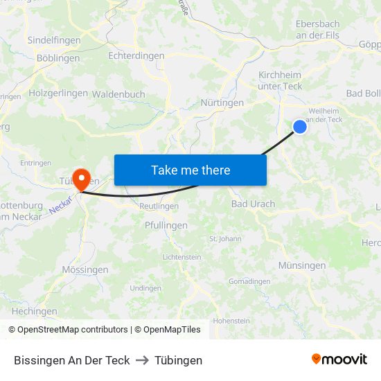 Bissingen An Der Teck to Tübingen map