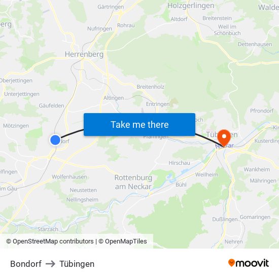 Bondorf to Tübingen map