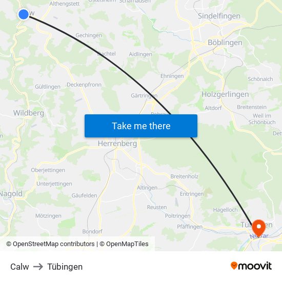 Calw to Tübingen map