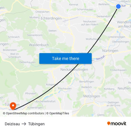 Deizisau to Tübingen map