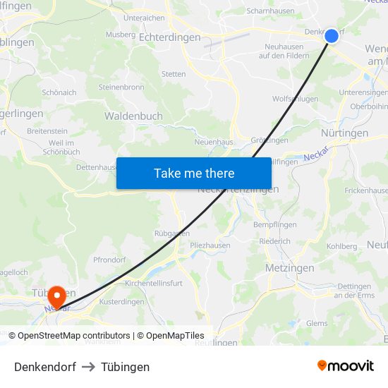 Denkendorf to Tübingen map