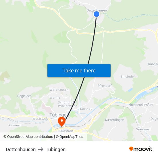 Dettenhausen to Tübingen map