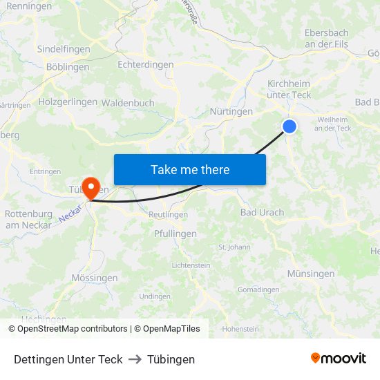 Dettingen Unter Teck to Tübingen map