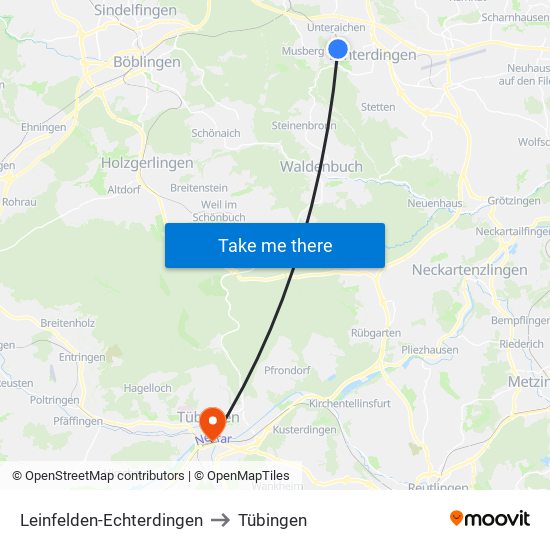 Leinfelden-Echterdingen to Tübingen map