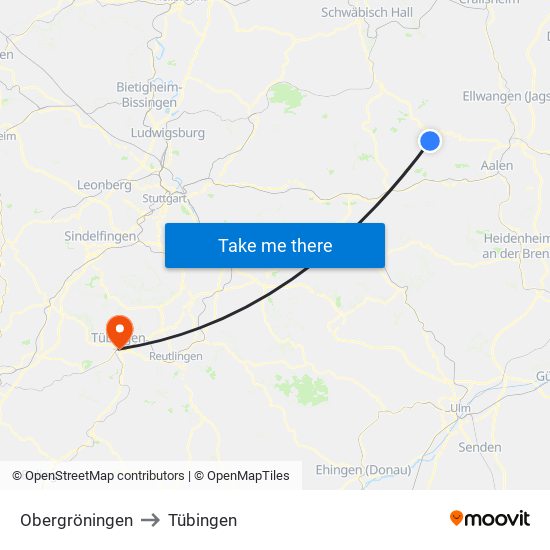 Obergröningen to Tübingen map