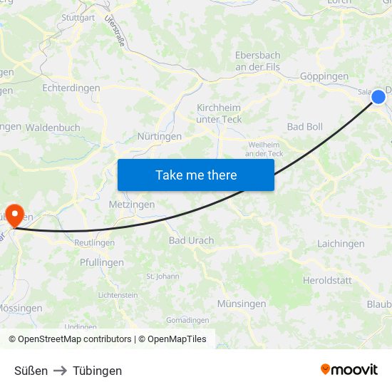 Süßen to Tübingen map