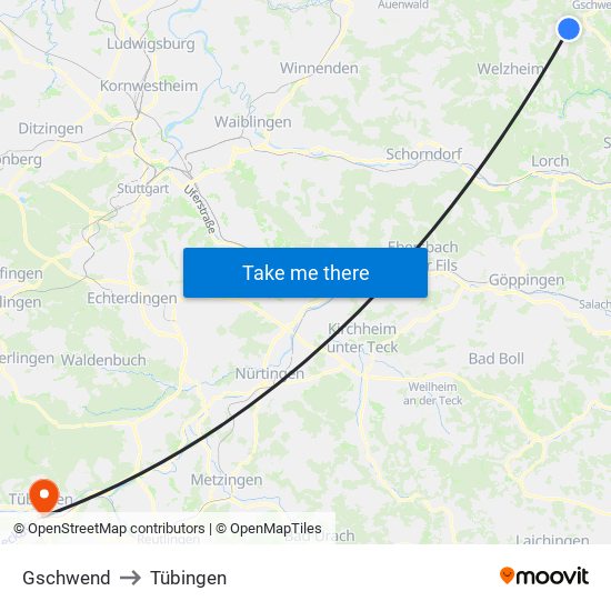 Gschwend to Tübingen map