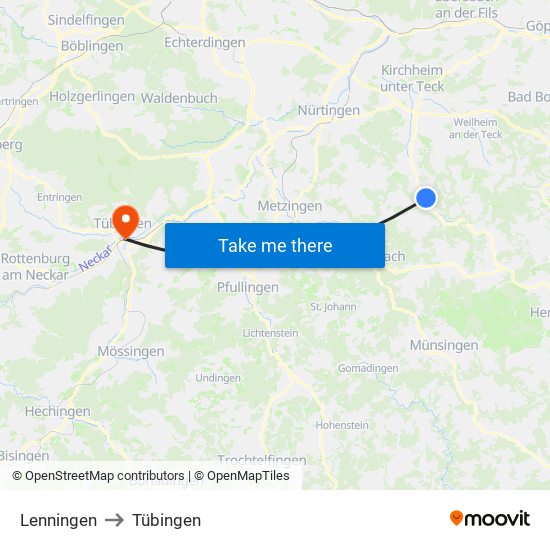 Lenningen to Tübingen map