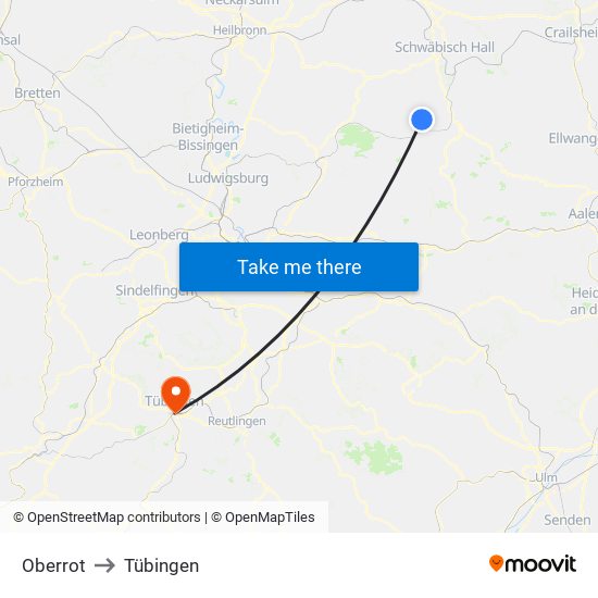 Oberrot to Tübingen map