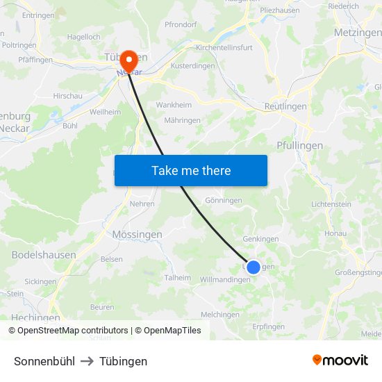 Sonnenbühl to Tübingen map