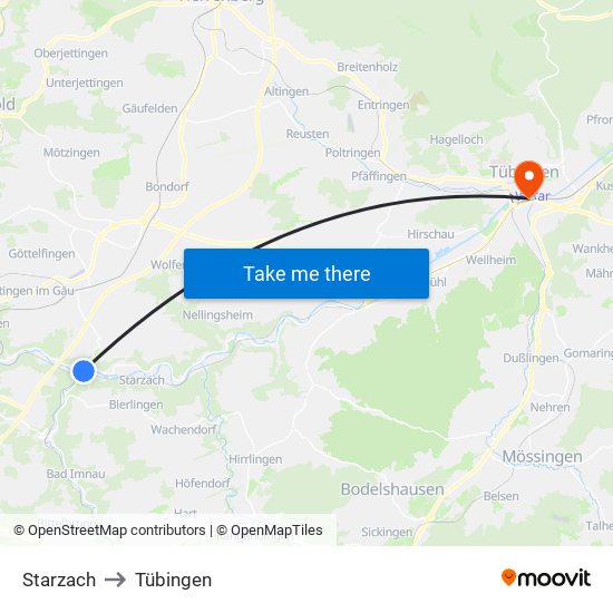 Starzach to Tübingen map
