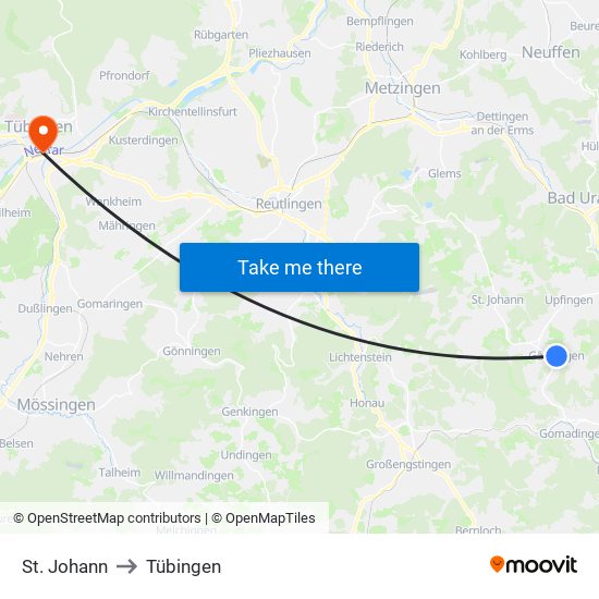 St. Johann to Tübingen map