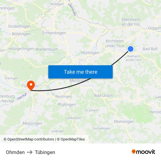 Ohmden to Tübingen map