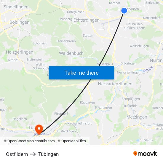 Ostfildern to Tübingen map