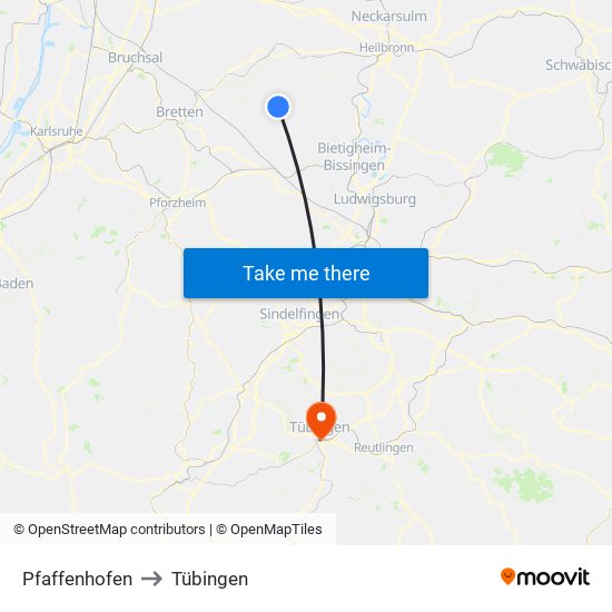 Pfaffenhofen to Tübingen map