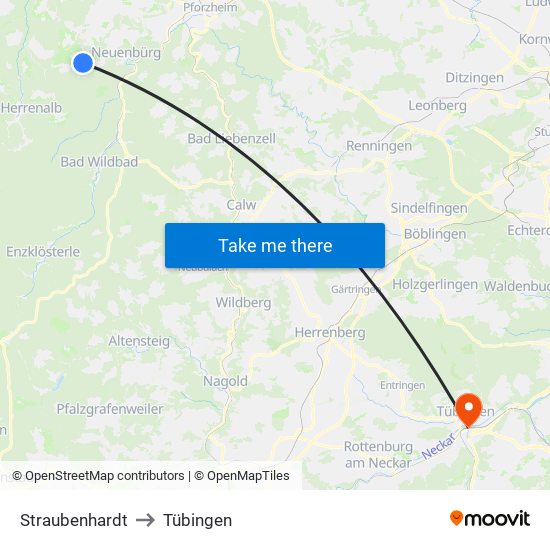 Straubenhardt to Tübingen map