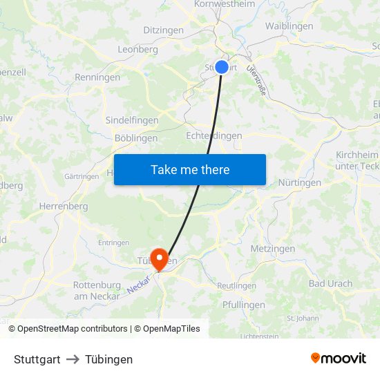 Stuttgart to Tübingen map