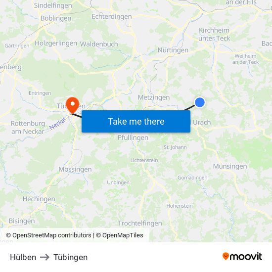Hülben to Tübingen map