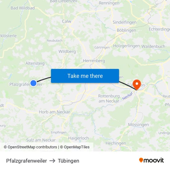 Pfalzgrafenweiler to Tübingen map