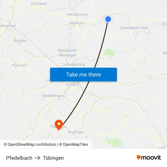 Pfedelbach to Tübingen map