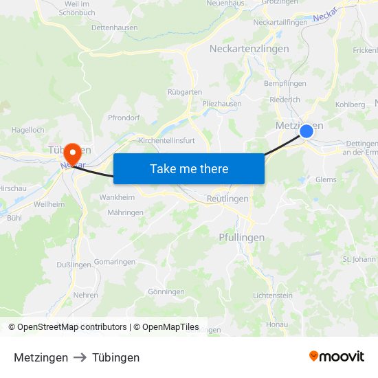 Metzingen to Tübingen map