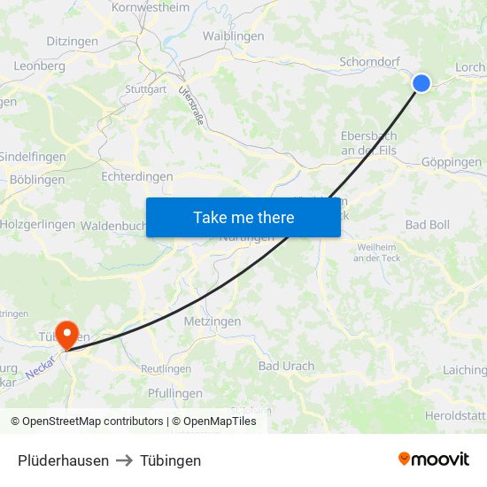 Plüderhausen to Tübingen map