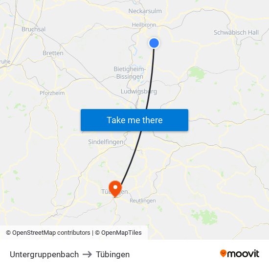 Untergruppenbach to Tübingen map