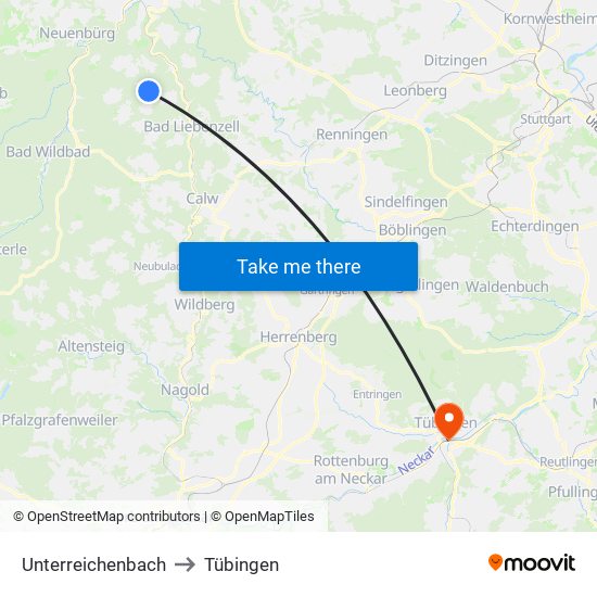 Unterreichenbach to Tübingen map