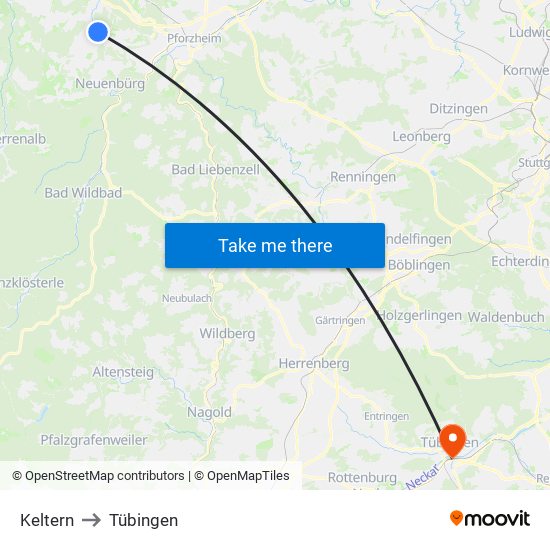 Keltern to Tübingen map