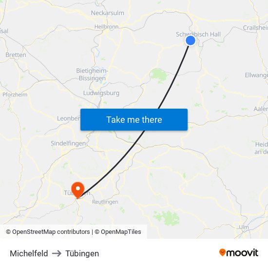 Michelfeld to Tübingen map