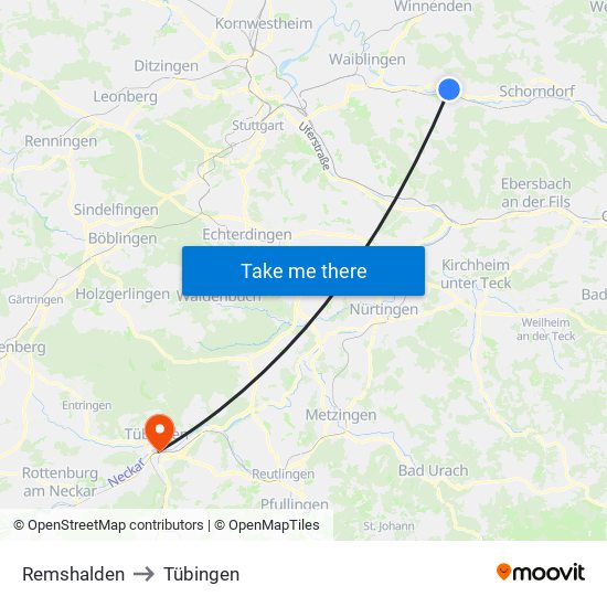 Remshalden to Tübingen map