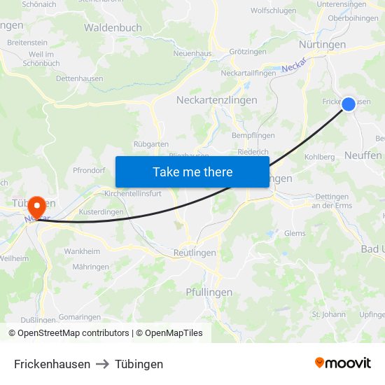 Frickenhausen to Tübingen map