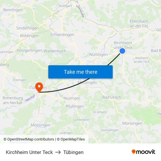 Kirchheim Unter Teck to Tübingen map