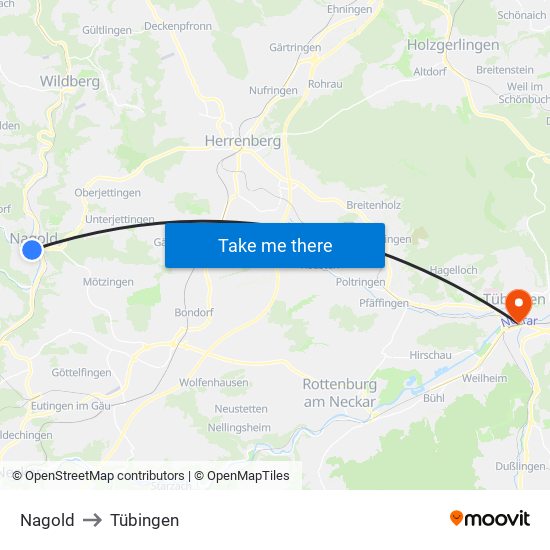 Nagold to Tübingen map