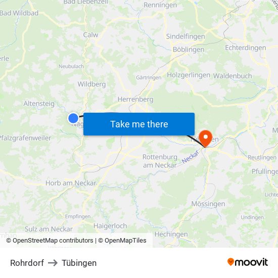 Rohrdorf to Tübingen map