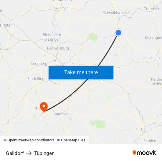 Gaildorf to Tübingen map