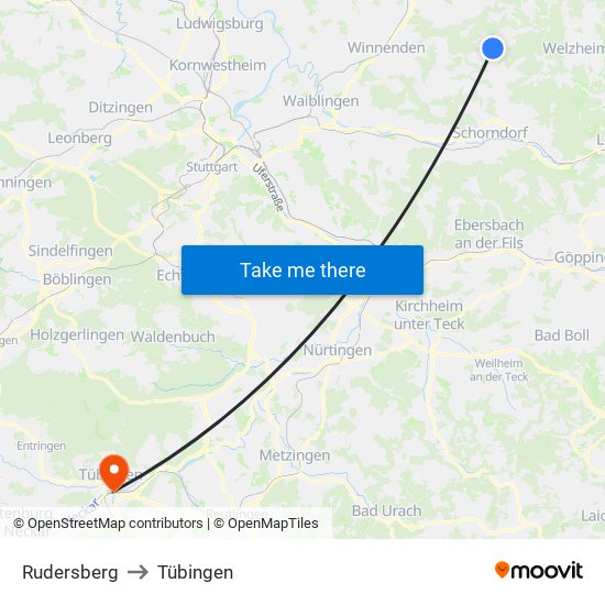 Rudersberg to Tübingen map