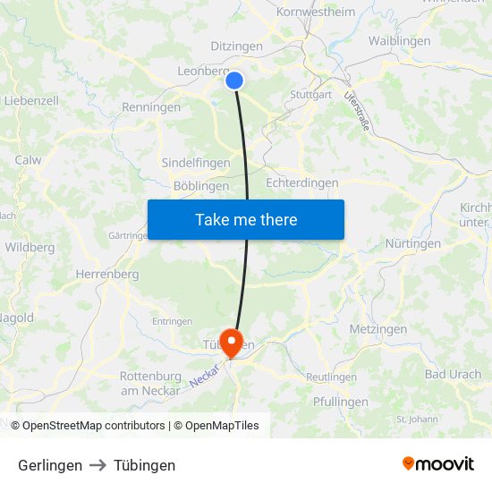 Gerlingen to Tübingen map