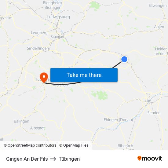 Gingen An Der Fils to Tübingen map