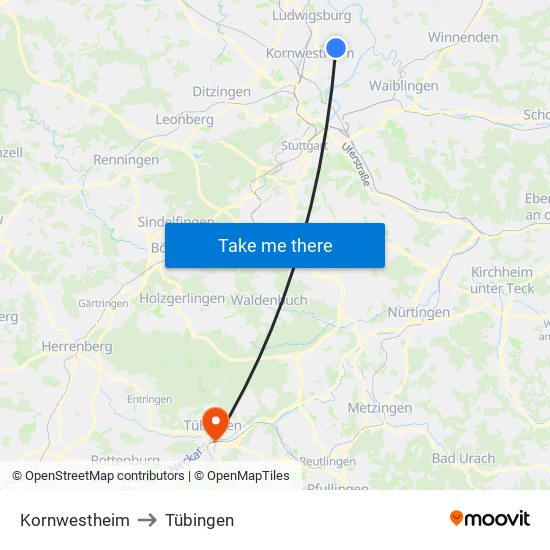 Kornwestheim to Tübingen map