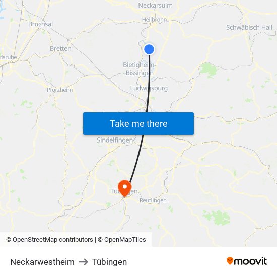 Neckarwestheim to Tübingen map