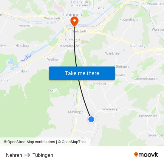 Nehren to Tübingen map