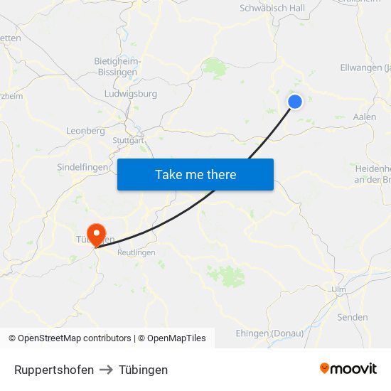 Ruppertshofen to Tübingen map